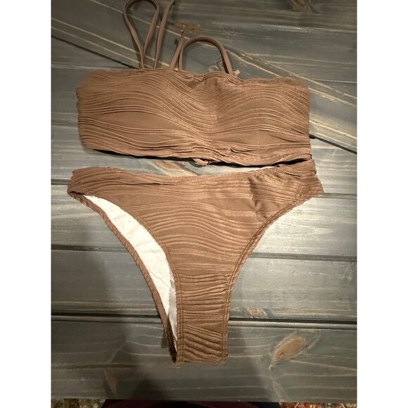 Zaful Brown Textured Bandeau Bikini Set With Adjustable Straps & High-Waisted - Picture 1 of 4